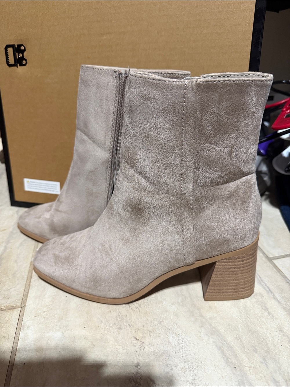 Soda Taupe Suede Block Heel Ankle Boots
